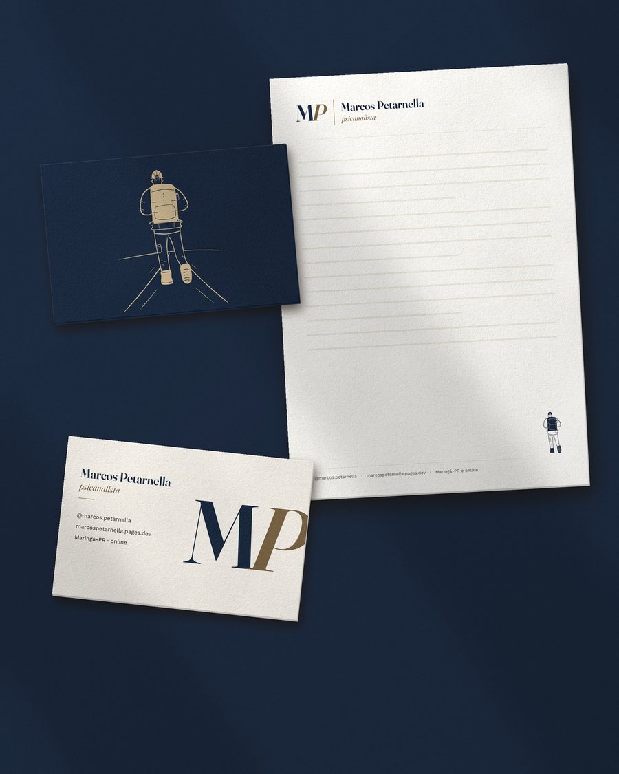 Papel timbrado e cartão de visita com o monograma MP e o caminhante